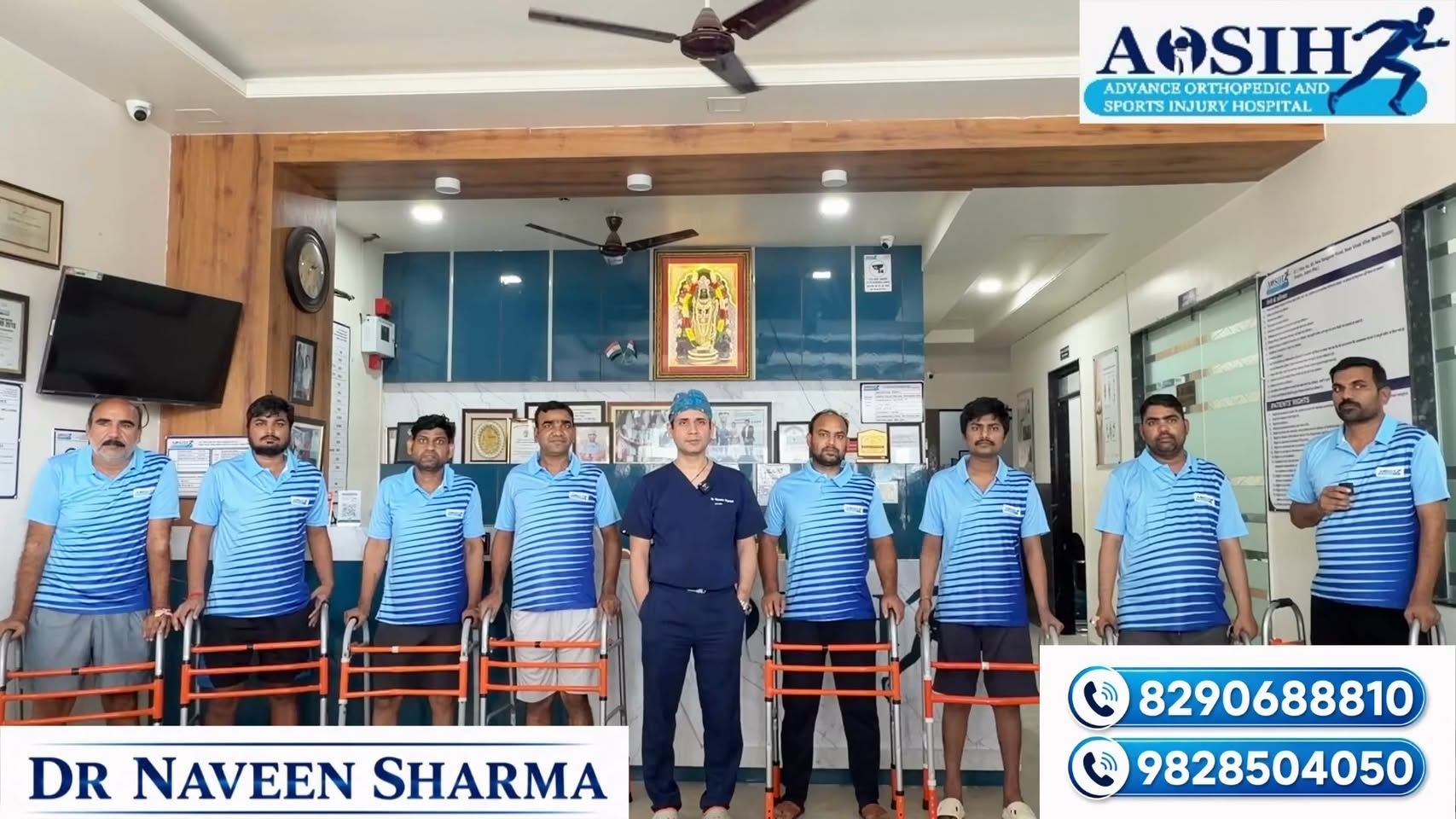 Dr. Naveen Sharma with people using walking aids at the Jaipur orthopedic clinic
