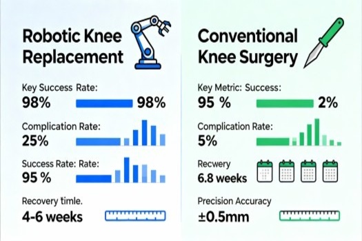 comparing robotic knee replacement vs conventional surgery showing precision accuracy, incision size, recovery timeline, and success rates